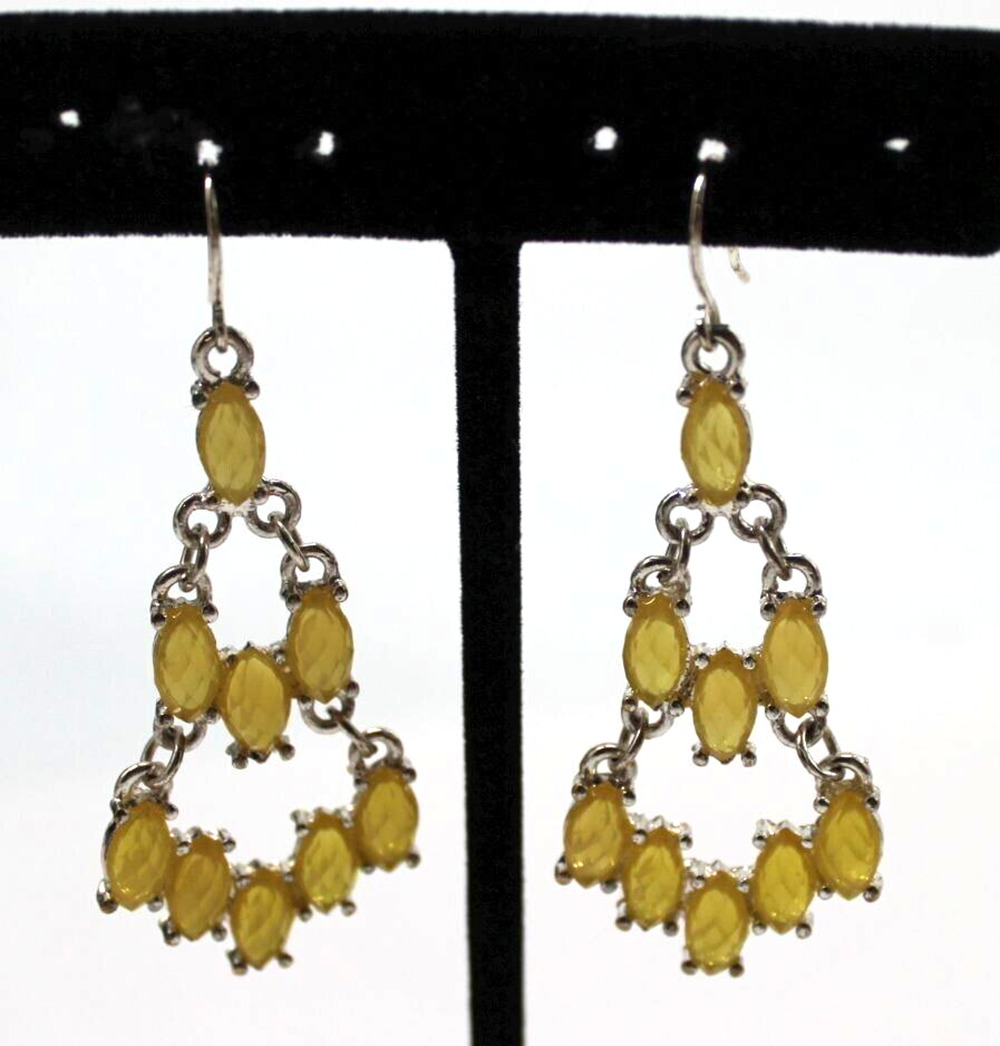 Yellow Plastic Marquis Cut Dangle Earrings • Silvertone • 2" Drop • Hook